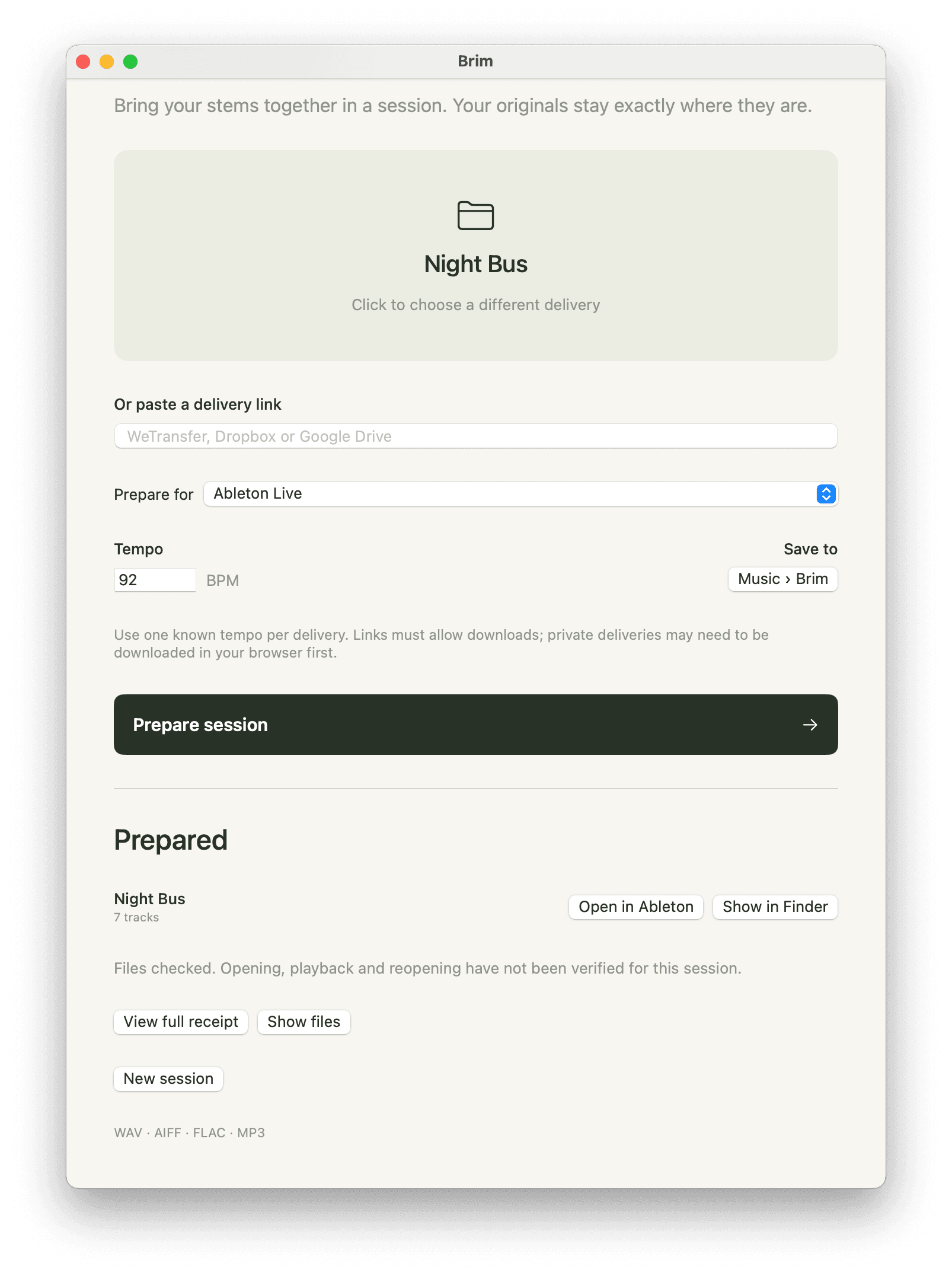 The Brim app after preparing a delivery called Night Bus for Ableton Live at 92 BPM: Prepared, 7 tracks, with buttons to open it in Ableton or show it in Finder.