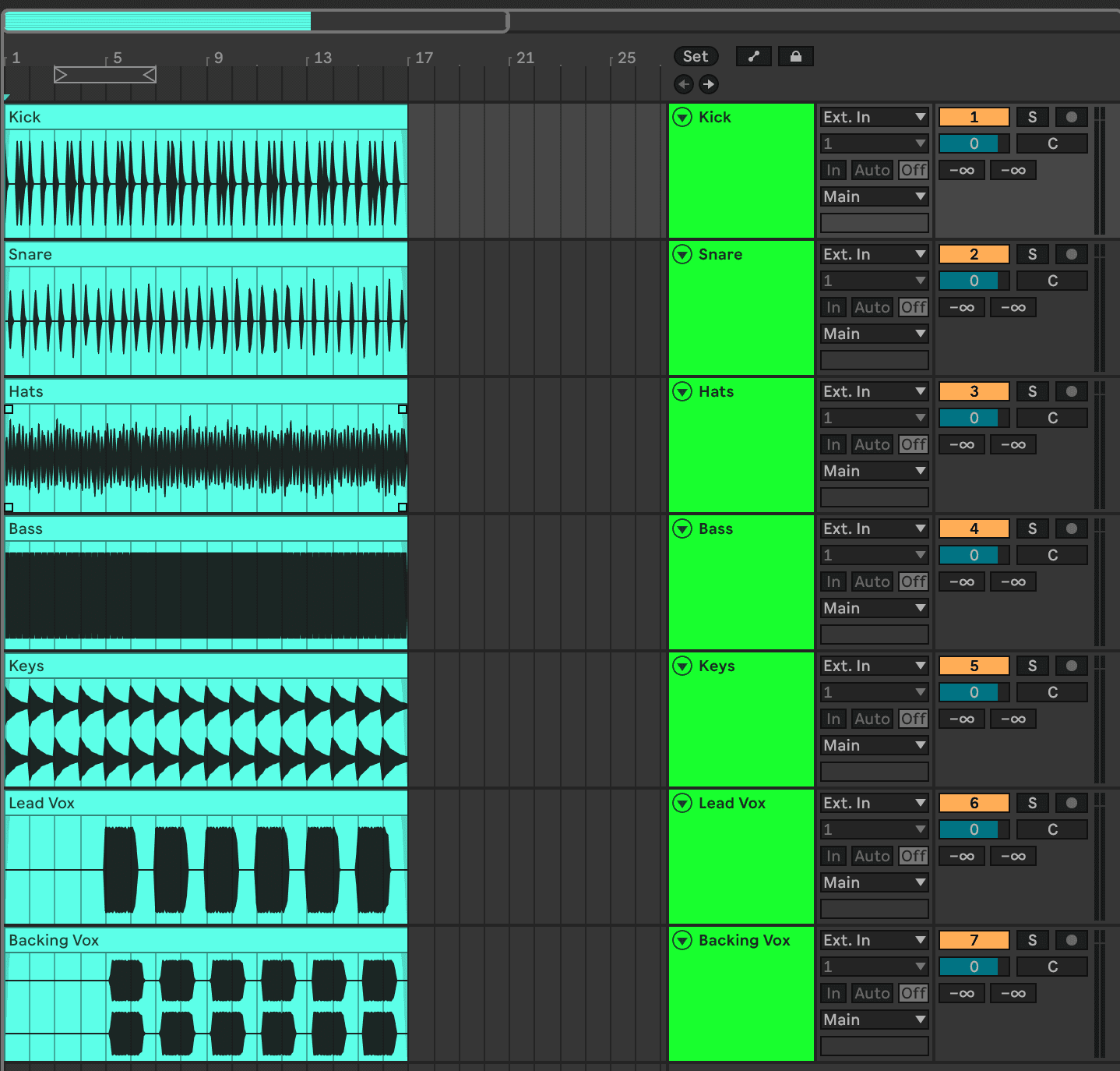 The Night Bus session in Ableton Live: Kick, Snare, Hats, Bass, Keys, Lead Vox and Backing Vox, each on its own named track, all starting at bar one.